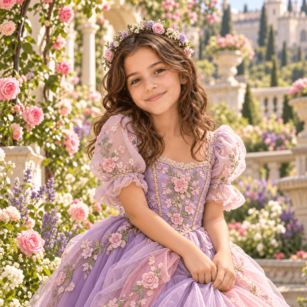 A girl as a princess in a flower garden