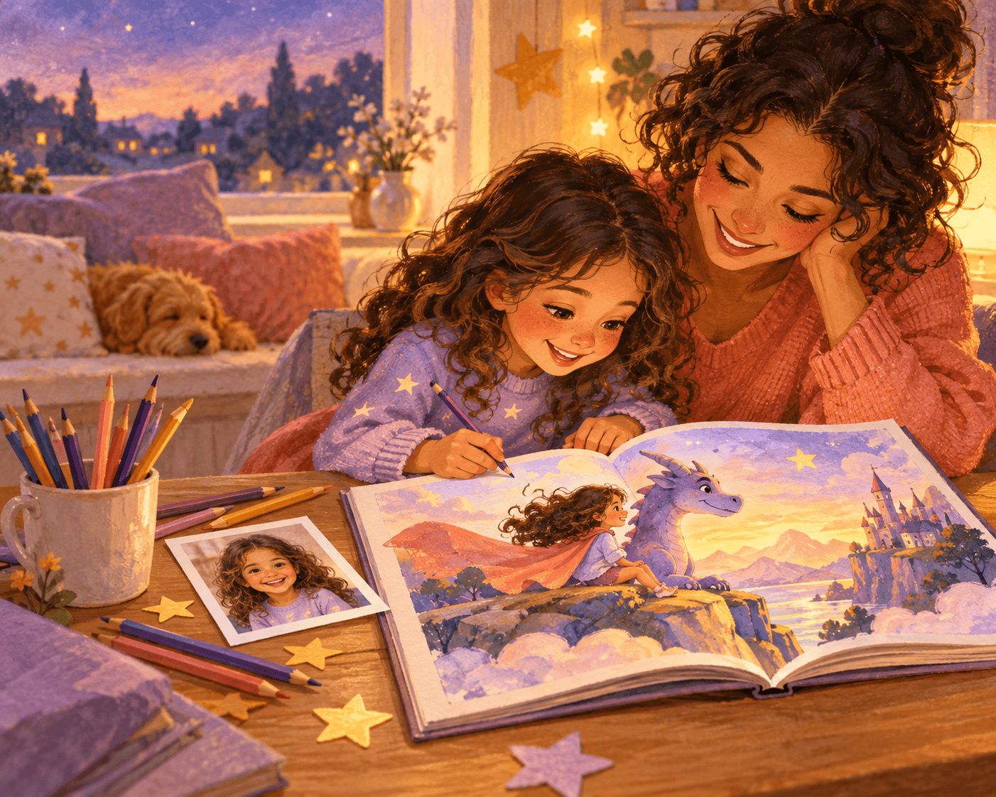 A parent and child creating a storybook together